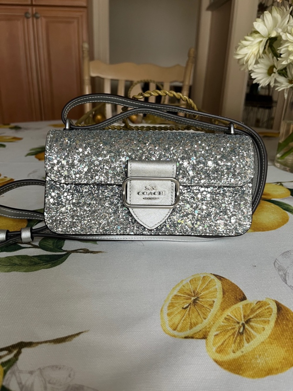 Coach Morgan bag Silver Glitter Signature Crossbody Clutch